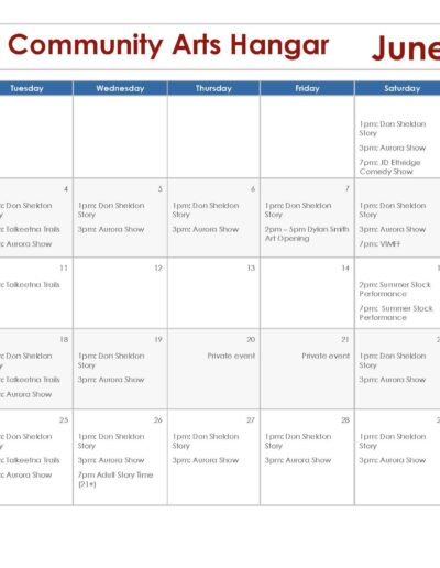 Sheldon Community Arts Hangar Summer Schedule