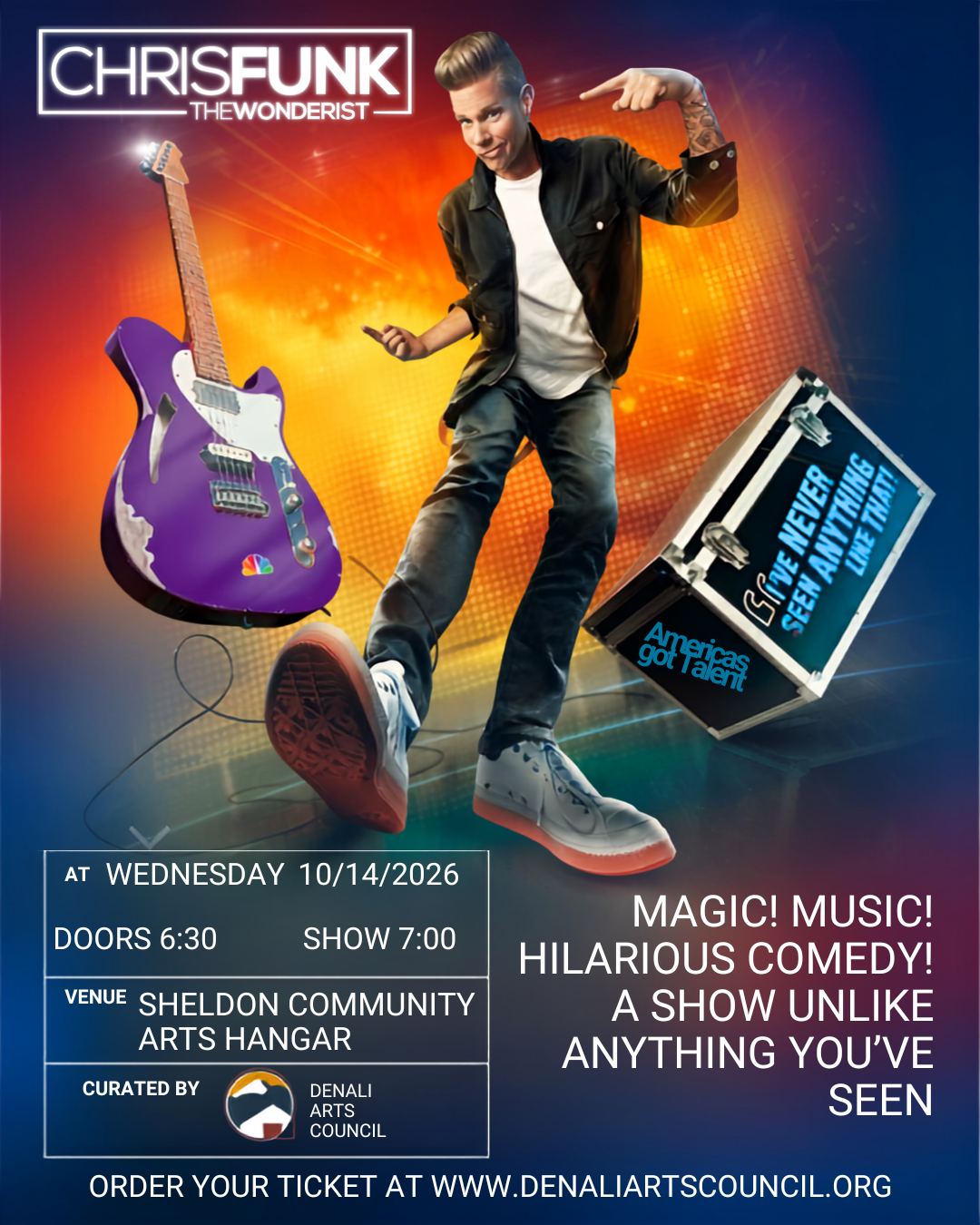 Chris Funk is coming to Talkeetna Alaska and will perform live at the Sheldon Community Arts Hangar on Wednesday, October 14, 2026. Doors open at 6:30 show starts at 7:00