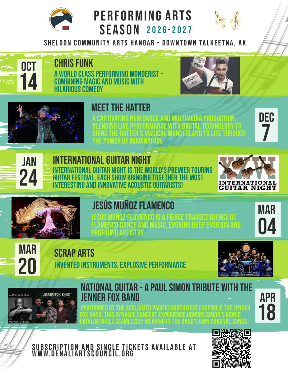2026-2027 Performing Arts events in Talkeetna, Alaska put on by the Denali Arts Council, a non-profit art council dedicated to bringing arts and art education to the Upper Susitna Valley in Alaska